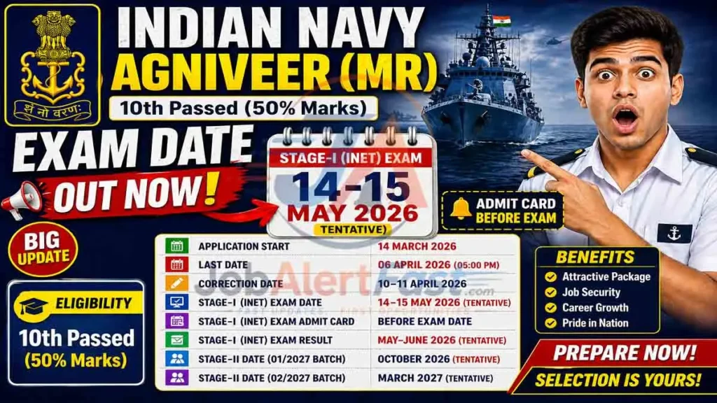 Indian Navy Agniveer MR Exam Date 2026 – Stage I INET on 13 May | Batch 01/2027 & 02/2027 | Admit Card, Result & Stage II Schedule